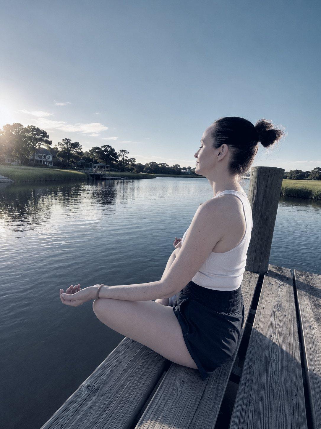 Ashley sitting cross-legged on a dock at the water's edge, eyes closed