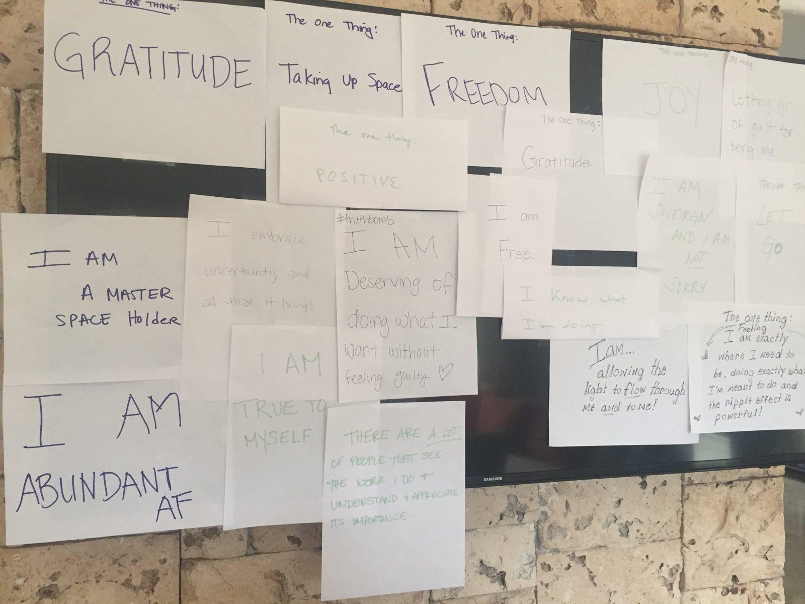 A wall of handwritten pages from a 2017 retreat, each titled The One Thing, with FREEDOM written in large letters at the top center