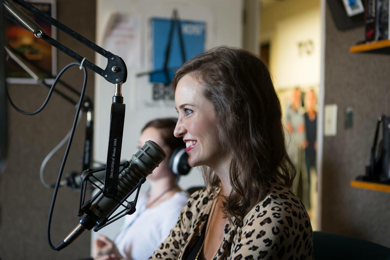 Ashley Thiesen recording her weekly Web Wednesday radio segment on 105.5 The Bridge in Charleston