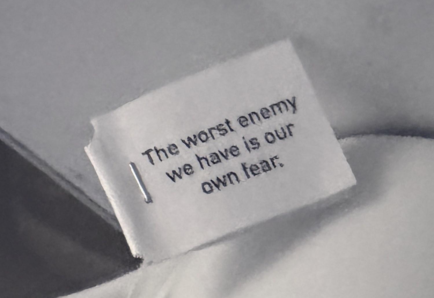 A tea tag reading: The worst enemy we have is our own fear.